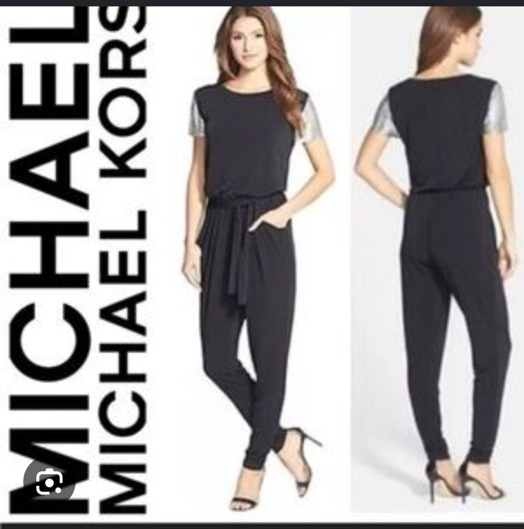 Michael Kors Slim-leg Metallic-Sleeve Jumpsuit - Size 10