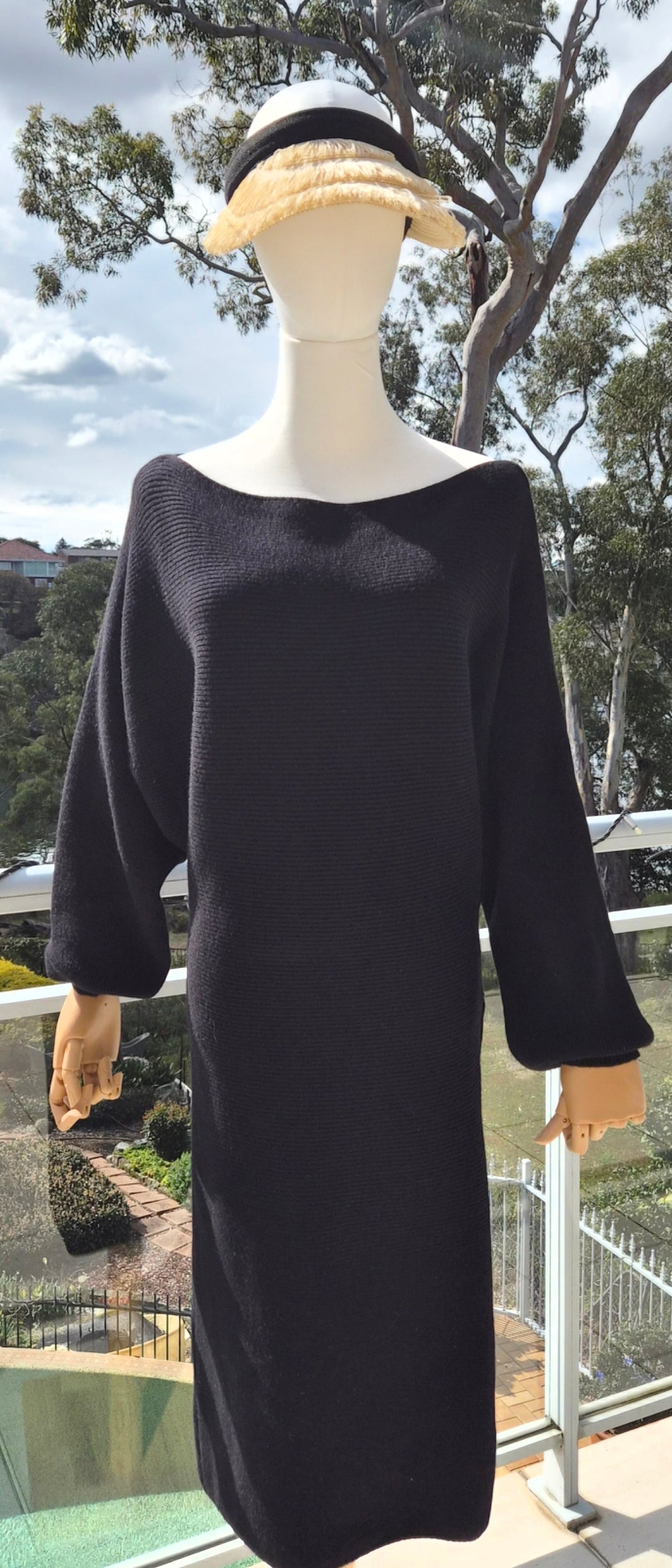 Black Fine Knit Boatneck Midi Dress - size L