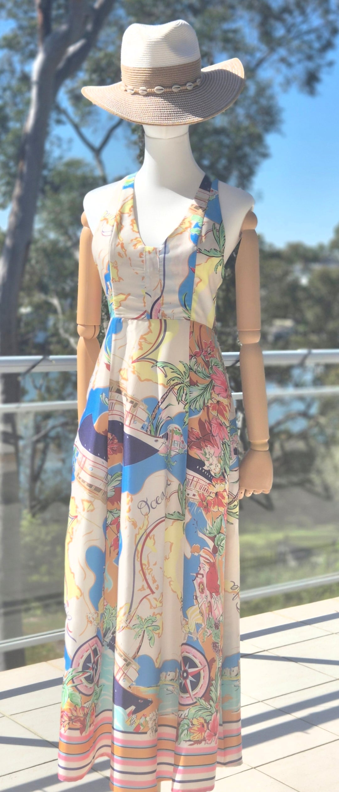 Nautical Map Linen Midi Dress - Size 10