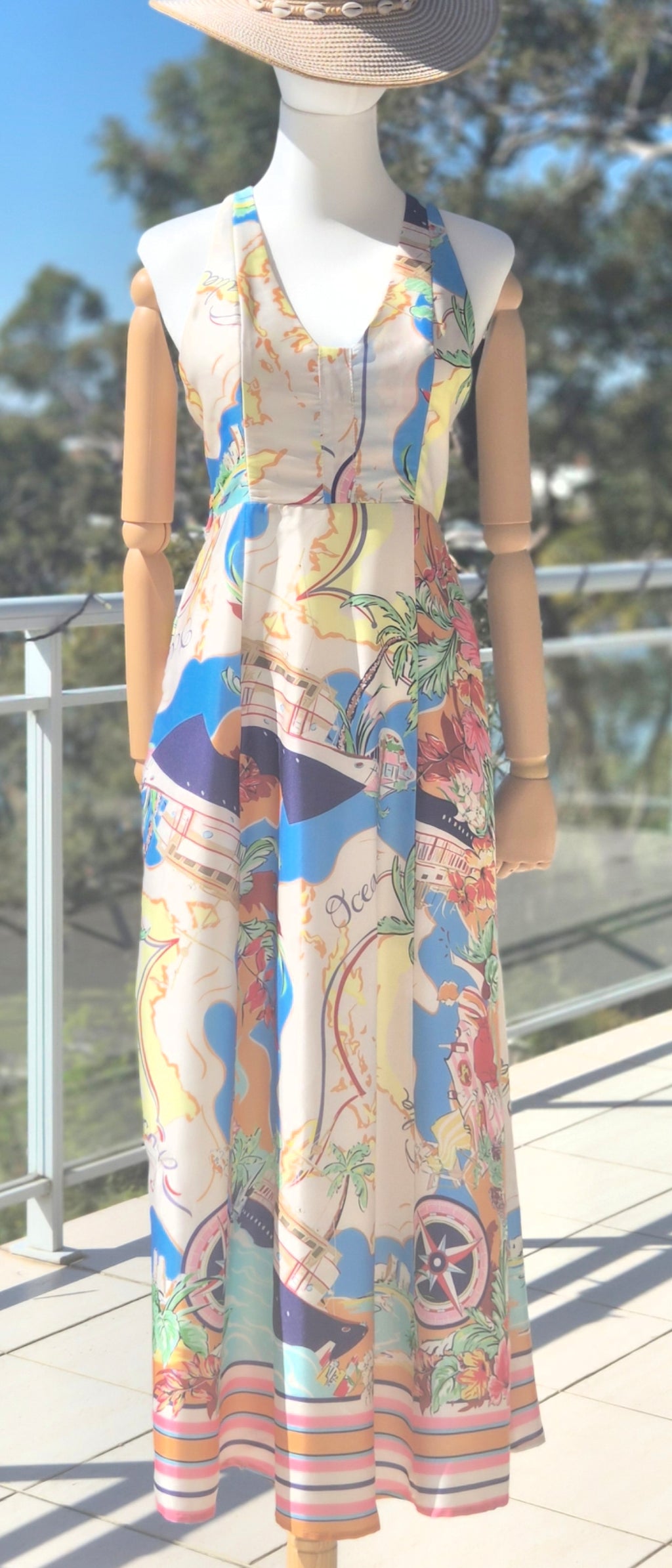 Nautical Map Linen Midi Dress - Size 10